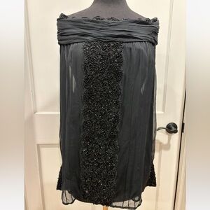 Vintage Oleg Cassini silk off the shoulder black sheer beaded top womens 14